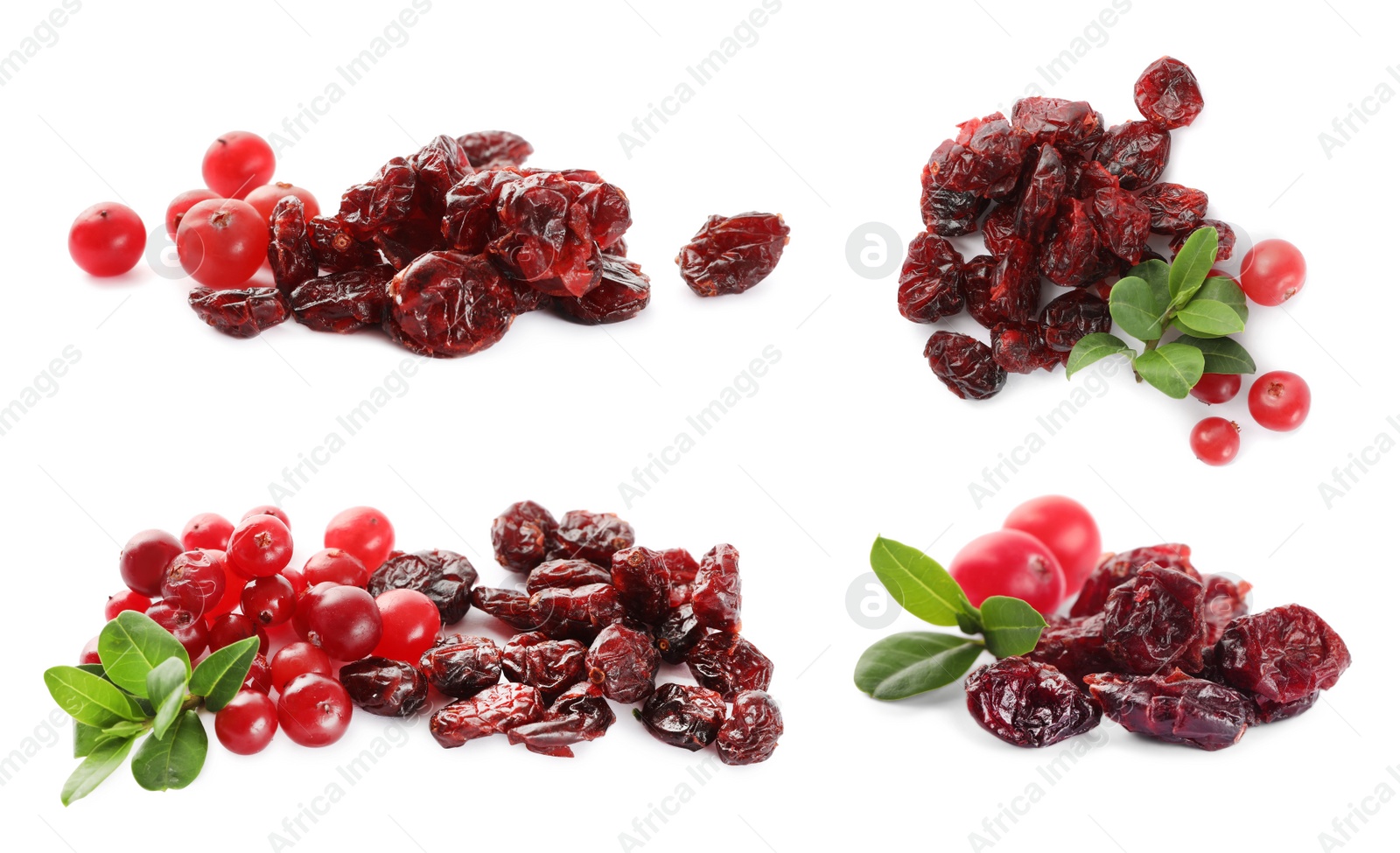 Image of Collage with dried cranberries on white background