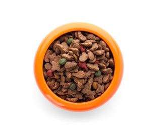 Photo of Bowl with food for cat or dog on white background. Pet care