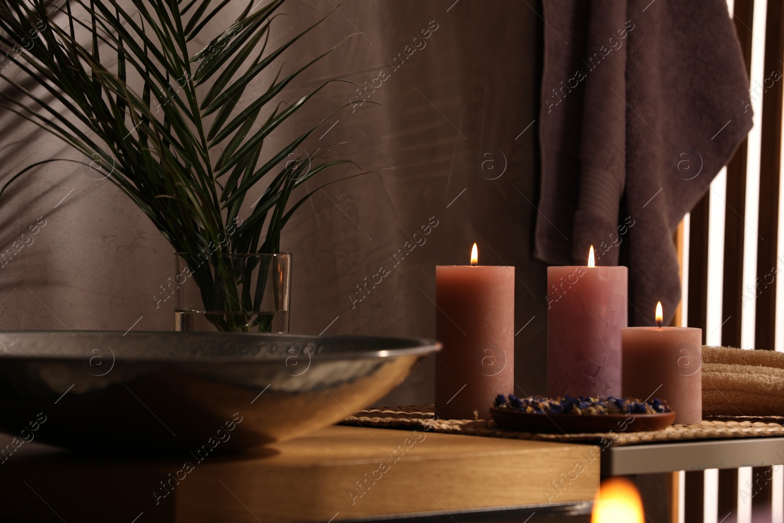 Photo of Beautiful composition with different spa products on table indoors