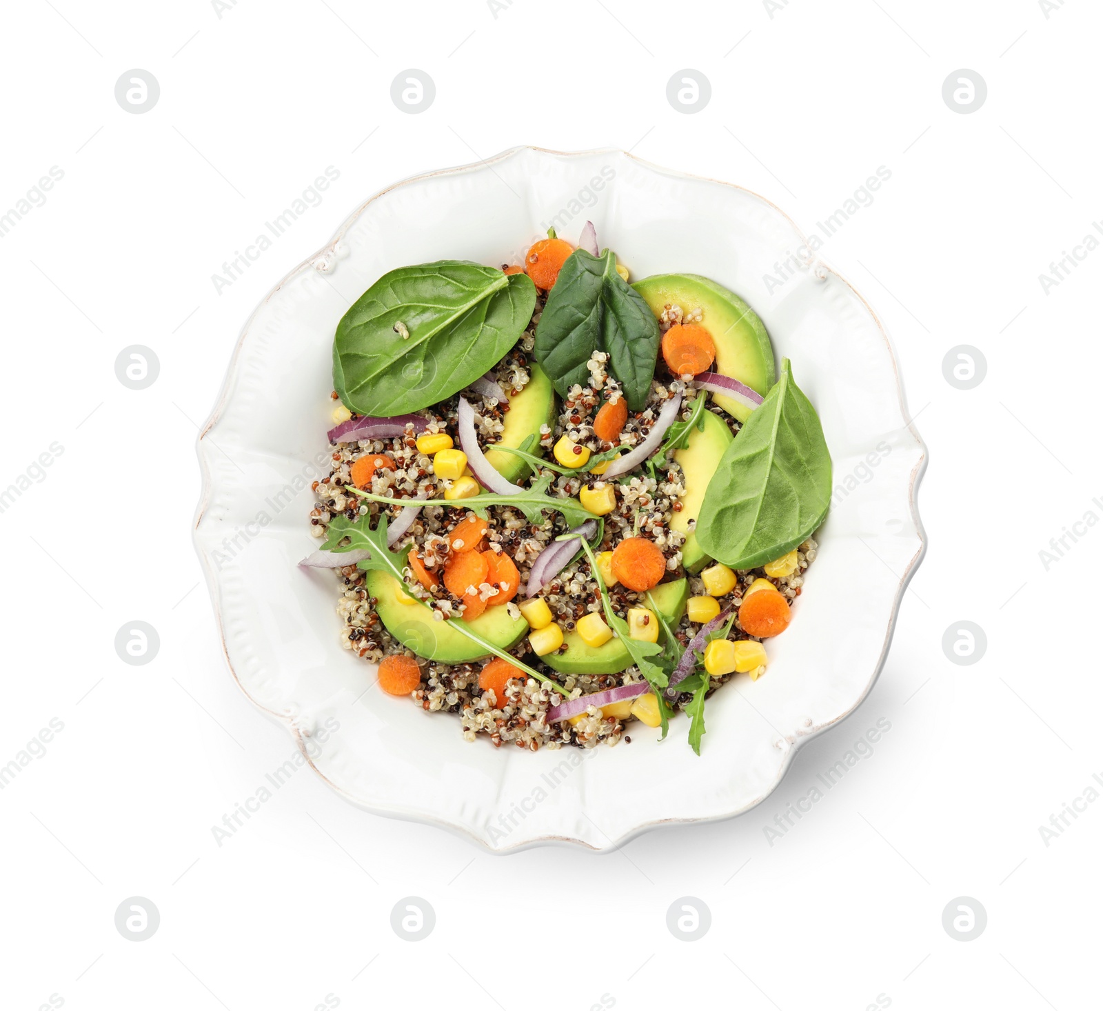 Photo of Plate of healthy quinoa salad with vegetables isolated on white, top view