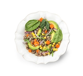 Photo of Plate of healthy quinoa salad with vegetables isolated on white, top view