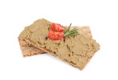 Photo of Crispy crackers with tasty liver pate, tomato and rosemary on white background