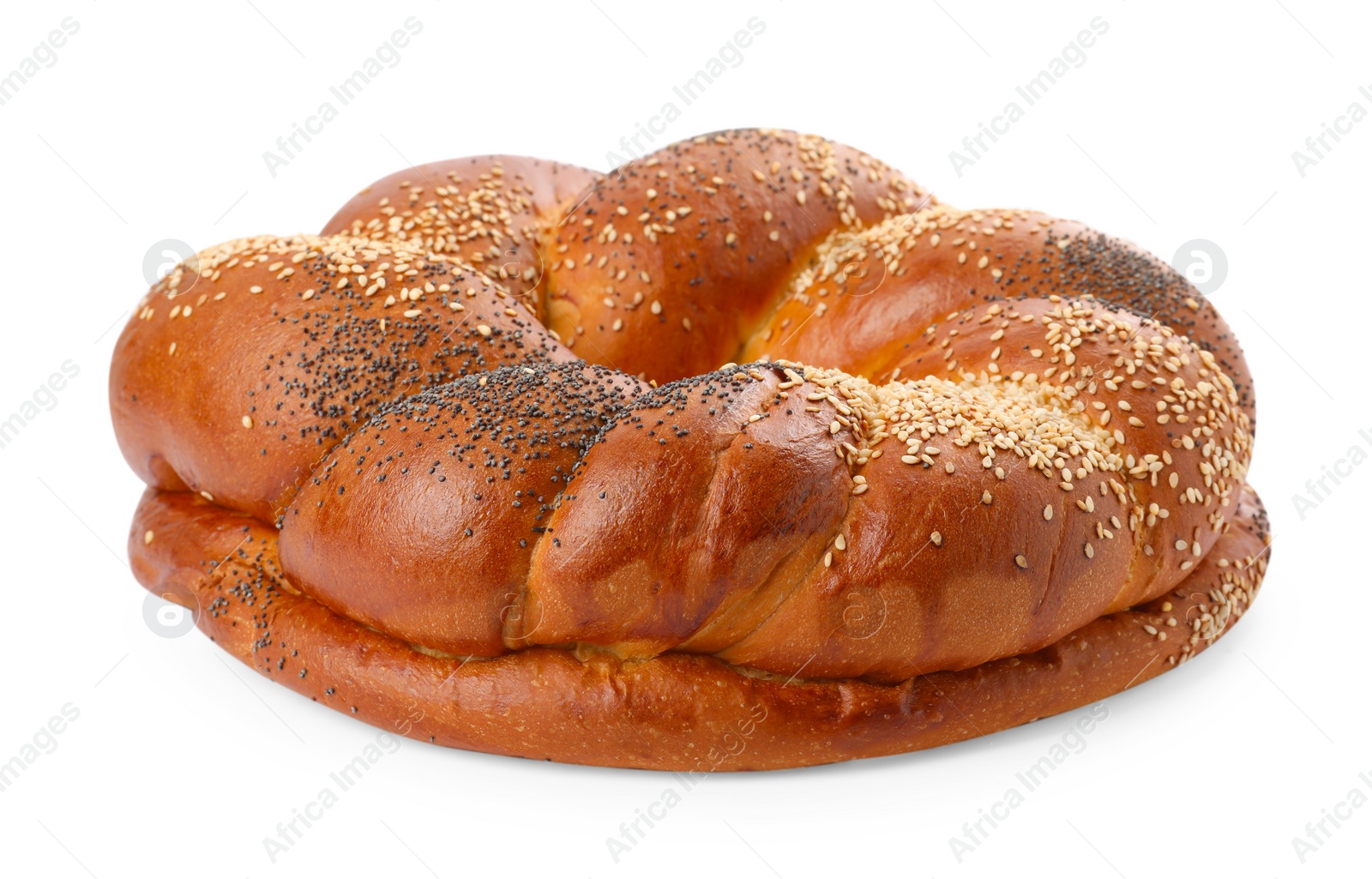 Photo of Round braided bread isolated on white. Fresh pastry