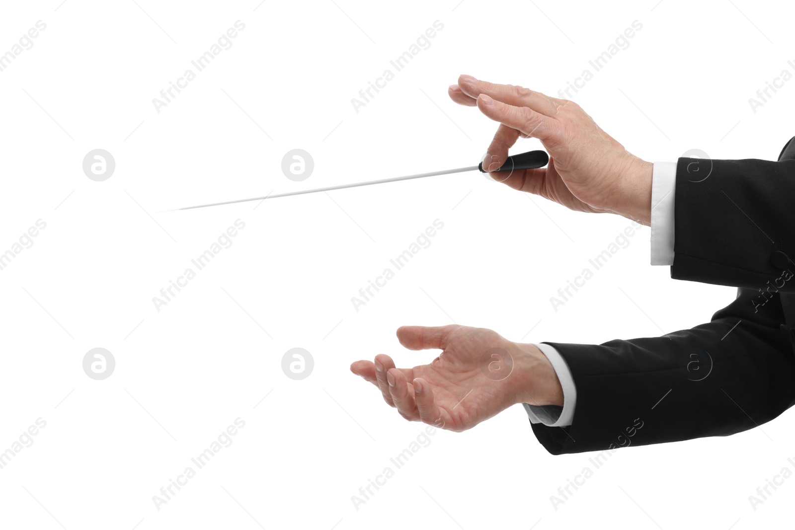 Photo of Professional conductor with baton on white background, closeup