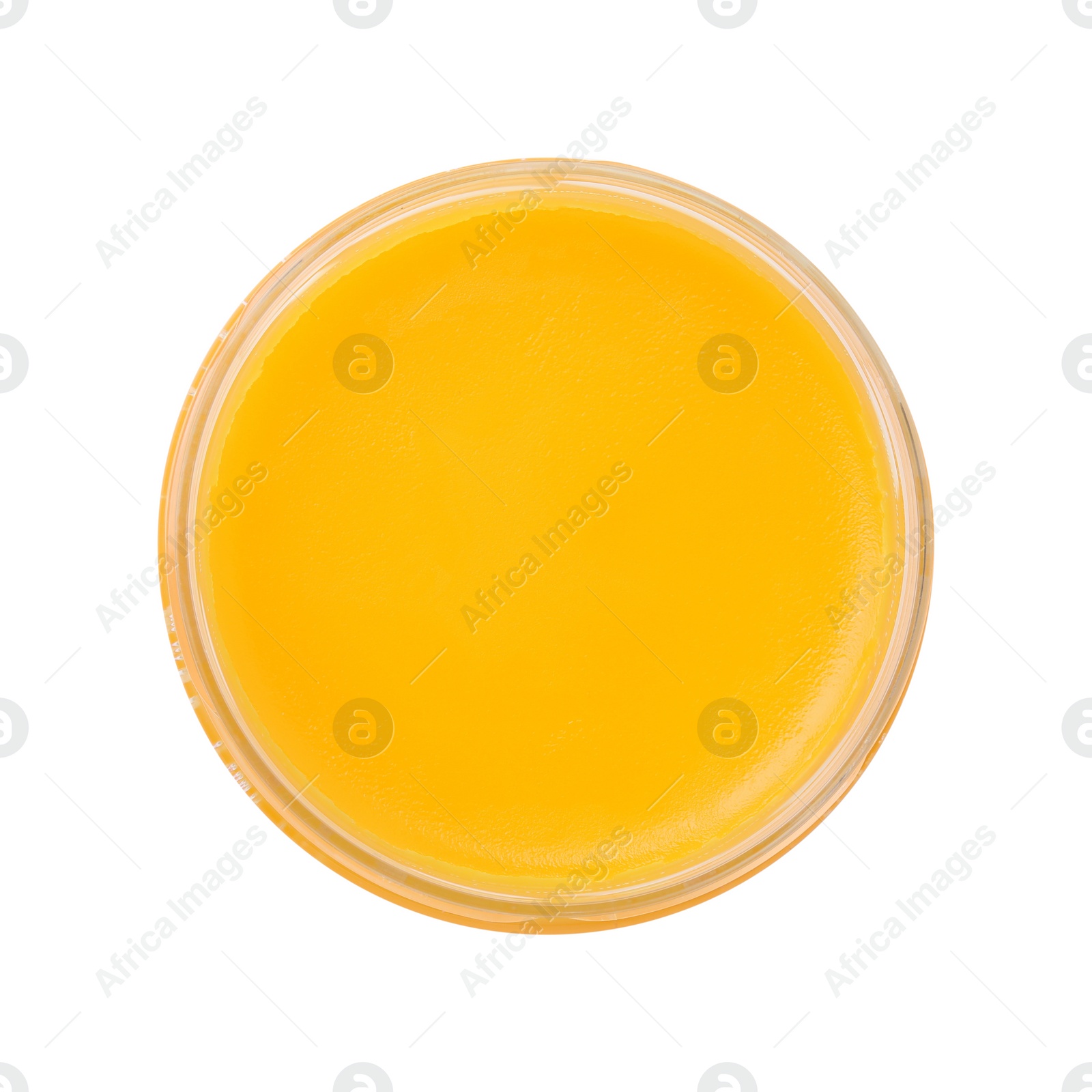 Photo of Open jar of petrolatum isolated on white, top view