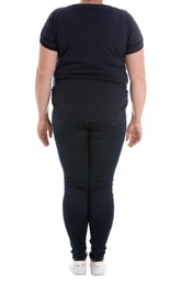 Photo of Overweight woman on white background, closeup. Weight loss