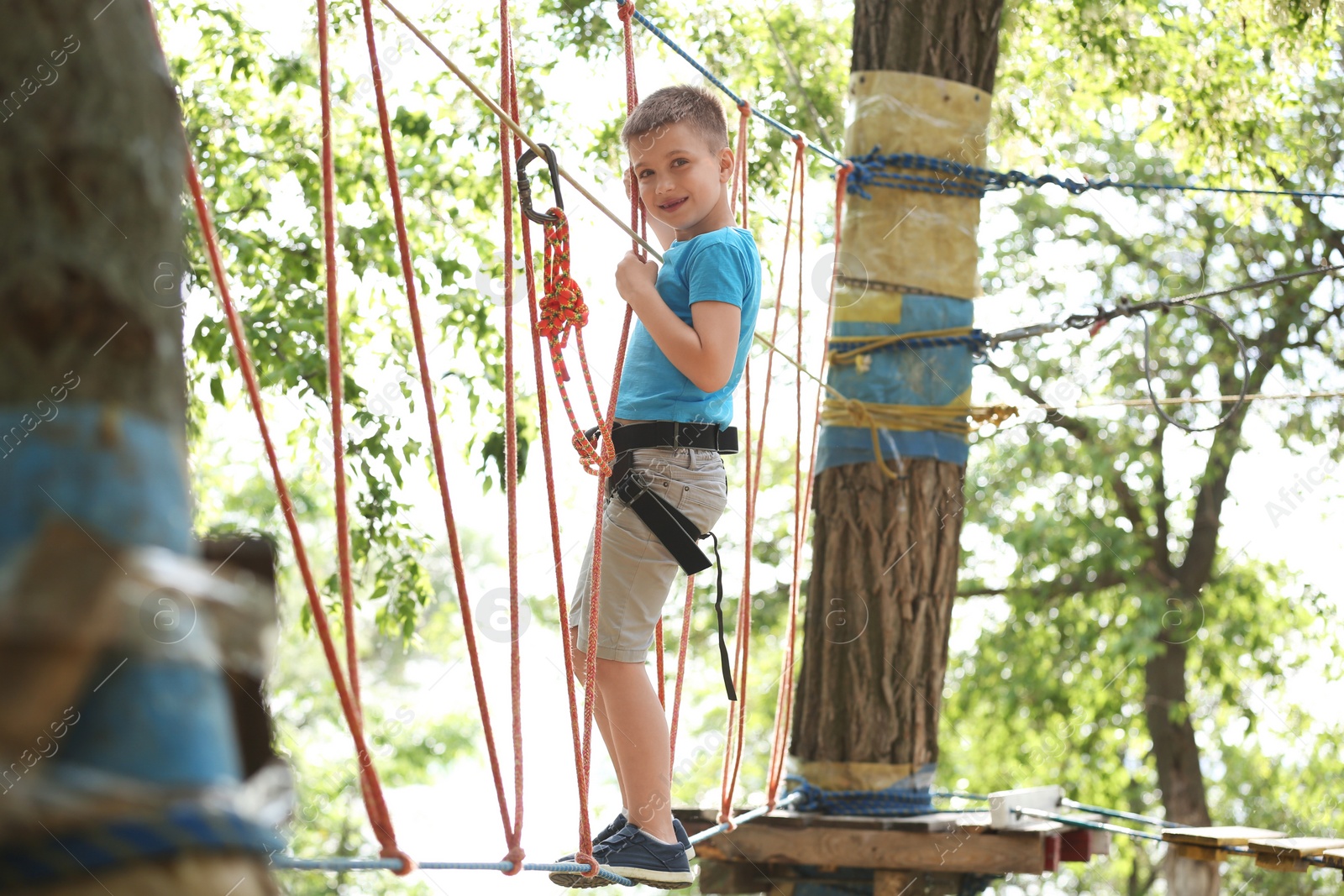 Photo of Little boy climbing in adventure park. Summer camp