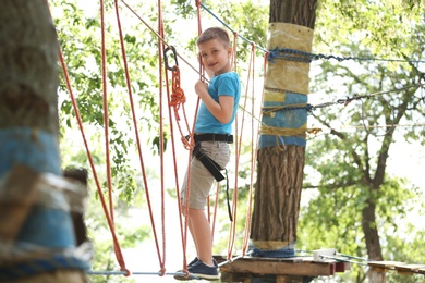 Photo of Little boy climbing in adventure park. Summer camp