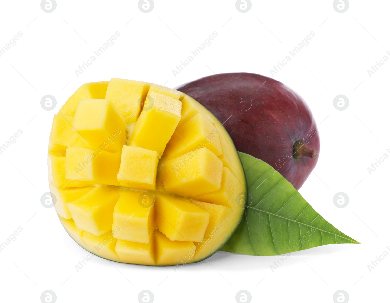 Photo of Cut and whole ripe mangoes isolated on white