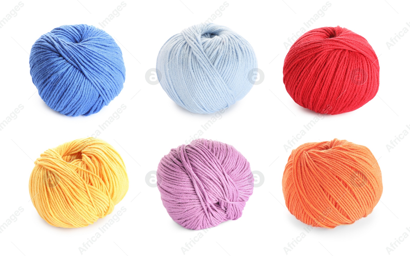 Image of Set with different woolen yarns on white background 