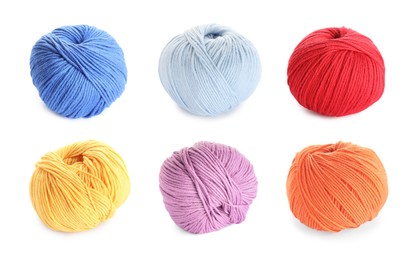 Image of Set with different woolen yarns on white background 