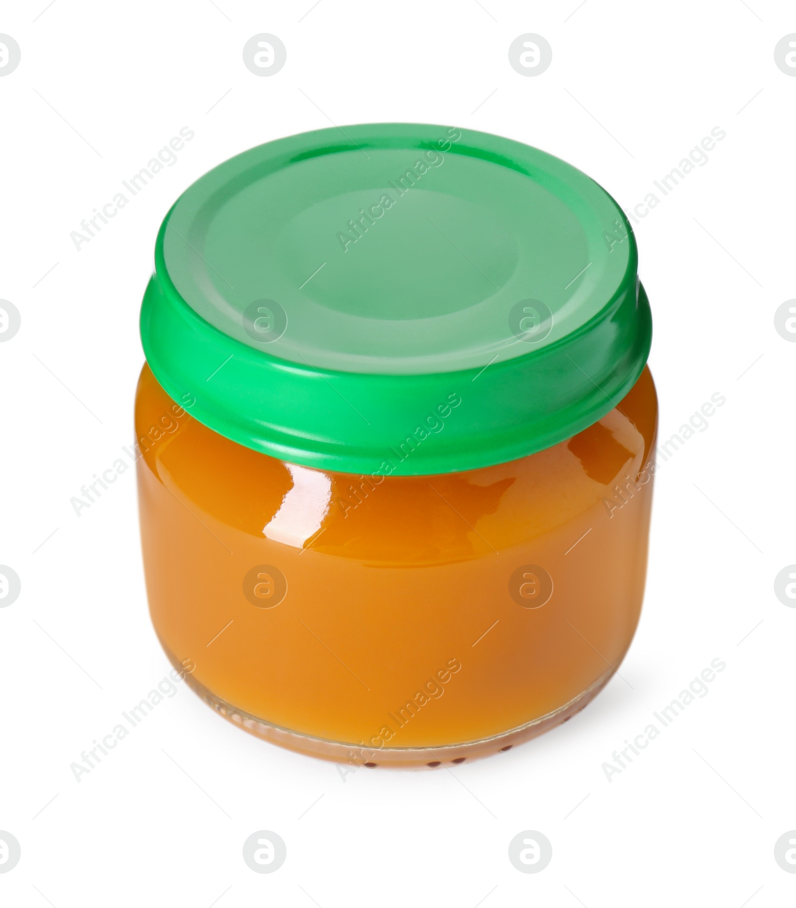 Photo of Baby food. Tasty healthy puree in jar isolated on white