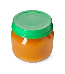 Photo of Baby food. Tasty healthy puree in jar isolated on white