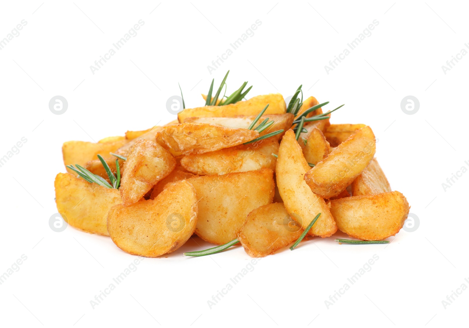 Photo of Baked potatoes with rosemary on white background