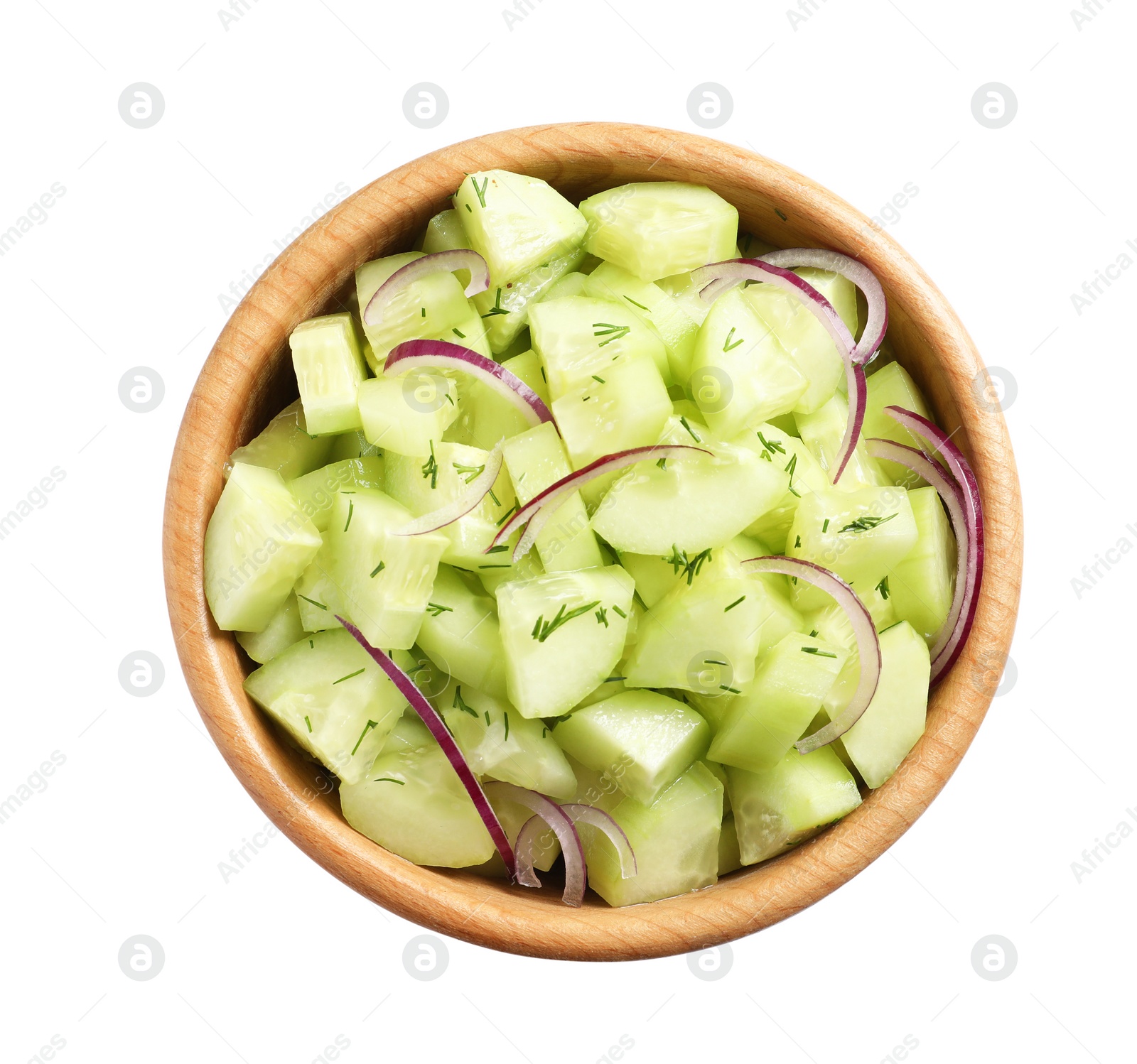 Photo of Delicious cucumber salad with onion in bowl on white background, top view