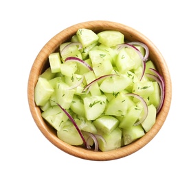 Photo of Delicious cucumber salad with onion in bowl on white background, top view