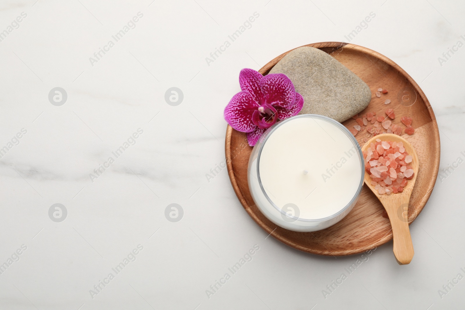 Photo of Flat lay composition with different spa products on white marble table. Space for text