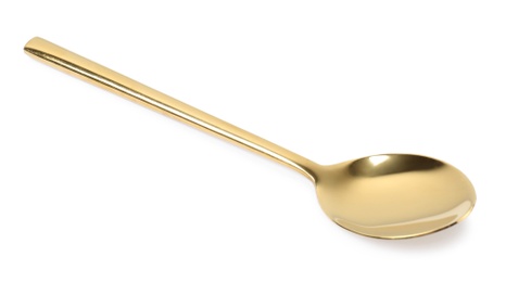 Photo of Stylish clean gold spoon on white background