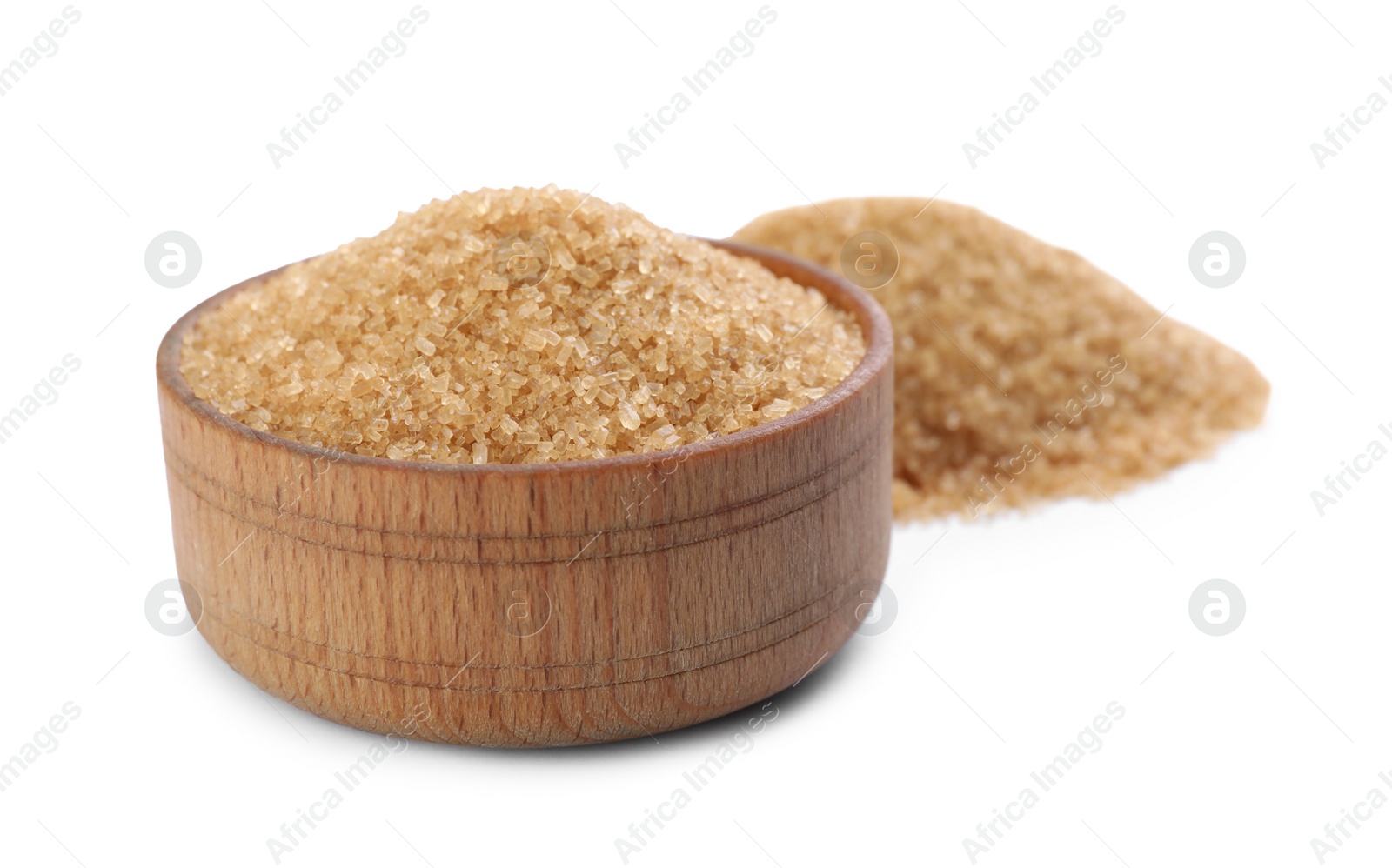 Photo of Wooden bowl with brown sugar on white background