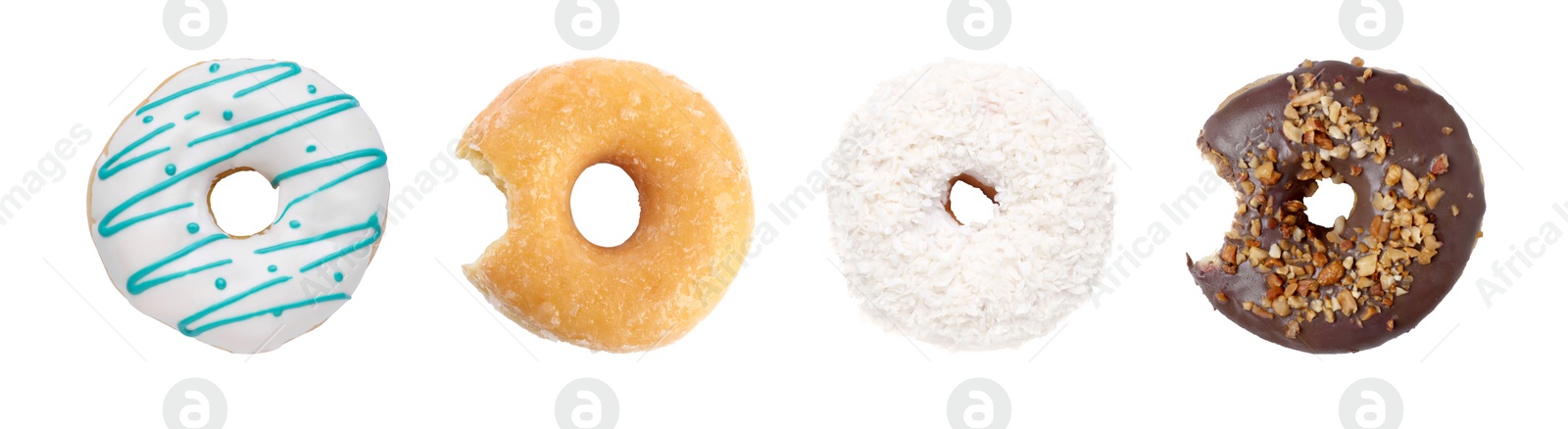 Image of Whole and bitten tasty donuts with sprinkles isolated on white