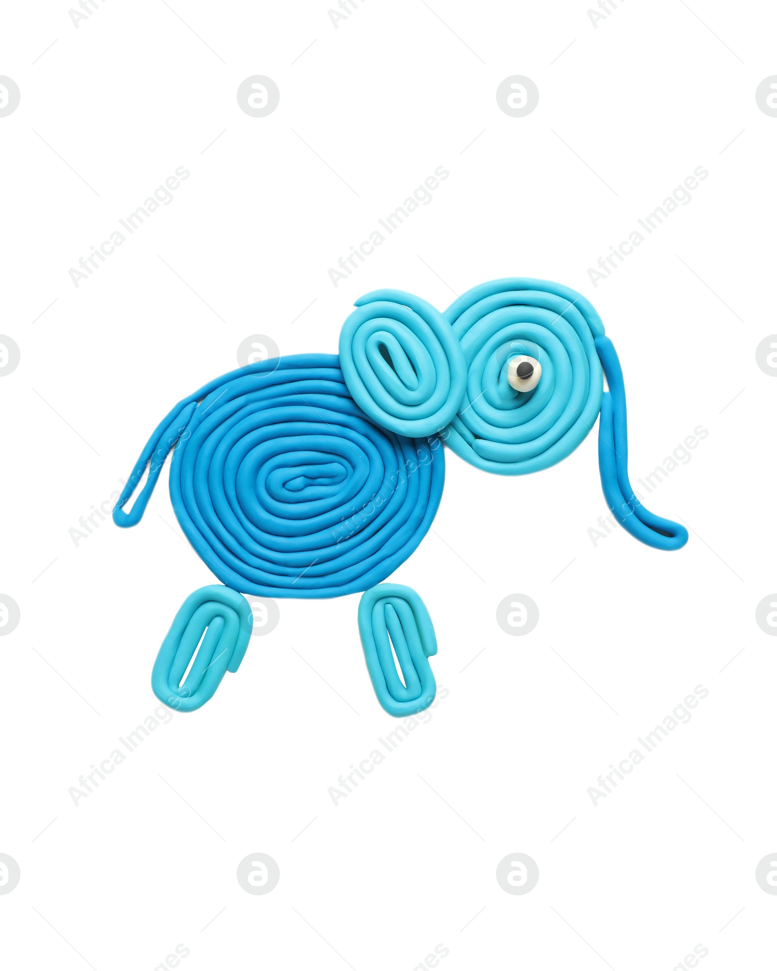 Photo of Light blue plasticine elephant isolated on white, top view