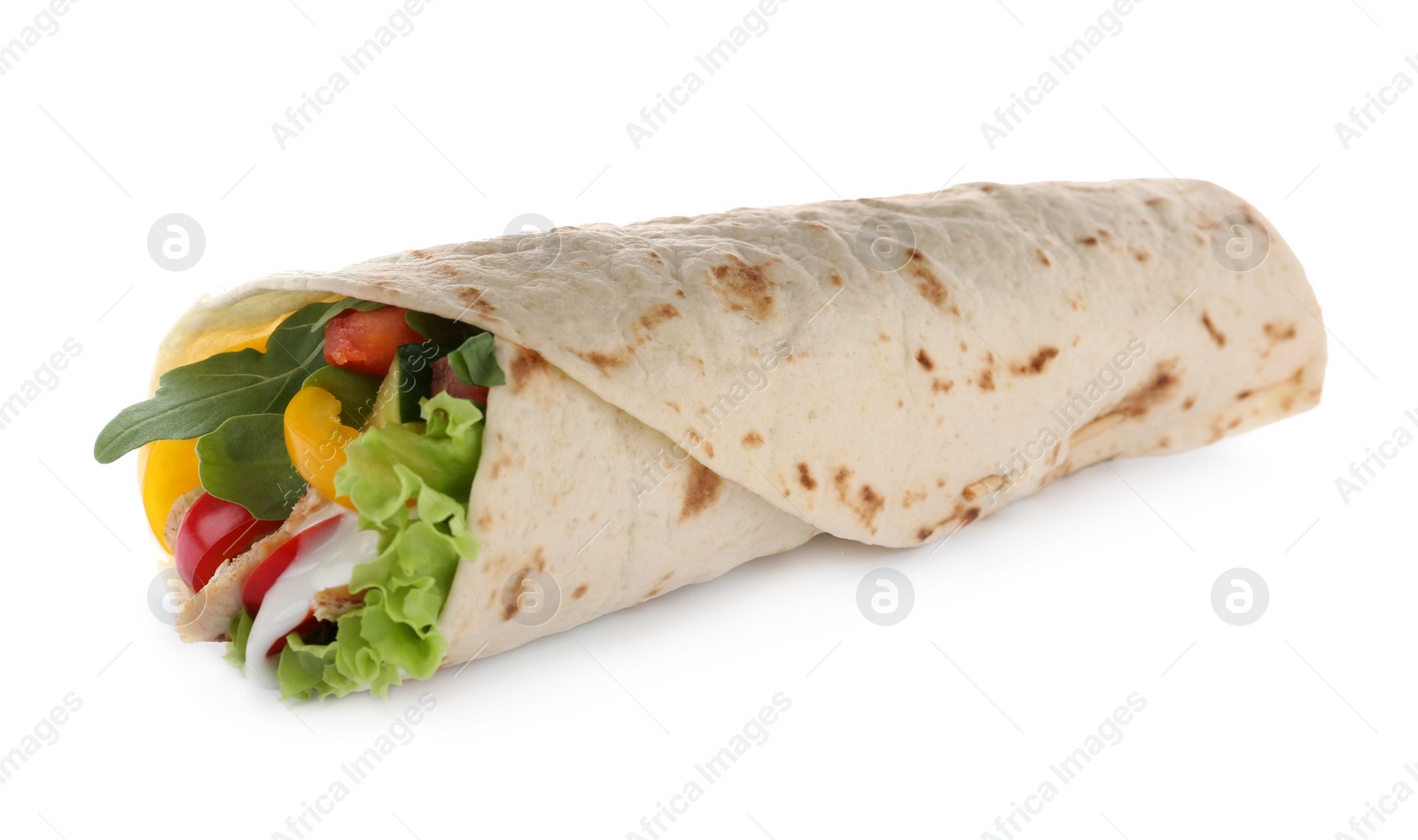 Photo of Delicious meat tortilla wrap isolated on white