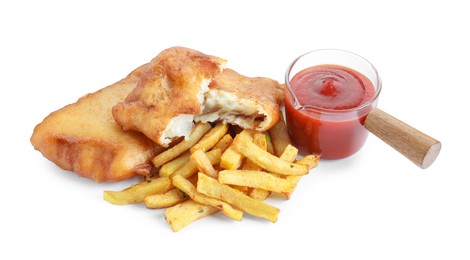 Photo of Tasty fish, chips and sauce isolated on white