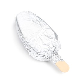 Photo of Ice cream bar wrapped in foil on white background