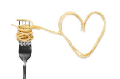 Photo of Heart made of tasty pasta and fork isolated on white