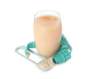 Tasty shake, measuring tape and powder isolated on white. Weight loss