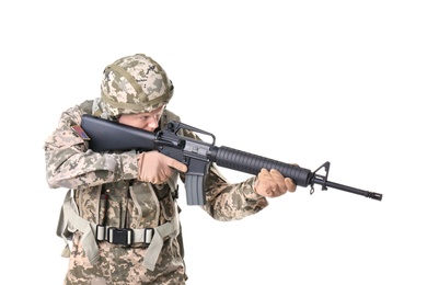 Photo of Male soldier with machine gun on white background. Military service