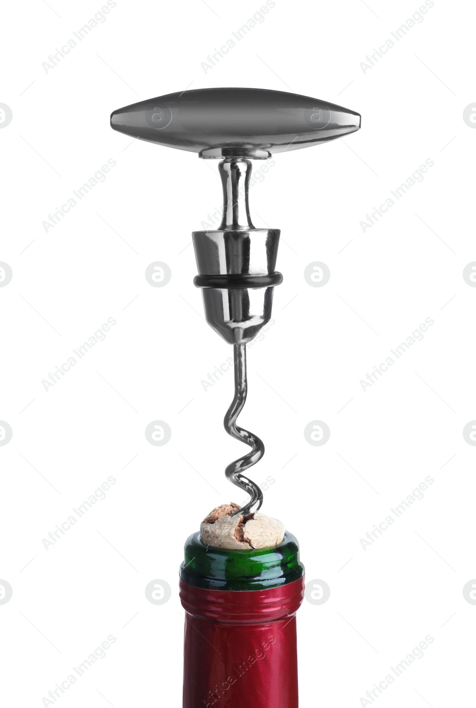 Photo of Opening bottle of wine with corkscrew on isolated background