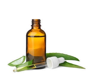 Bottle with aloe essential oil and fresh leaves on white background