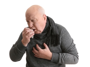 Photo of Senior man suffering from cough on white background