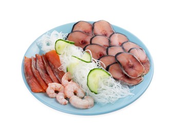 Photo of Set with raw salmon, mackerel slices and shrimps served with cucumber and funchosa isolated on white
