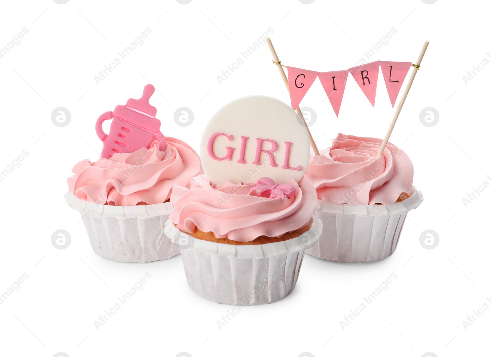 Photo of Baby shower cupcakes with pink cream and toppers on white background