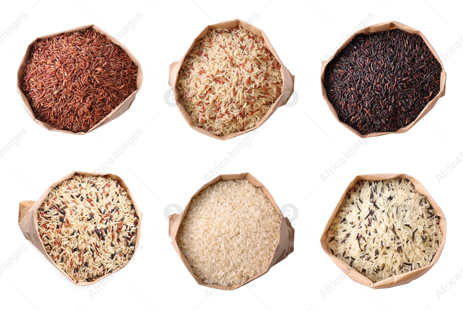 Image of Set with different types of rice in paper bags on white background, top view