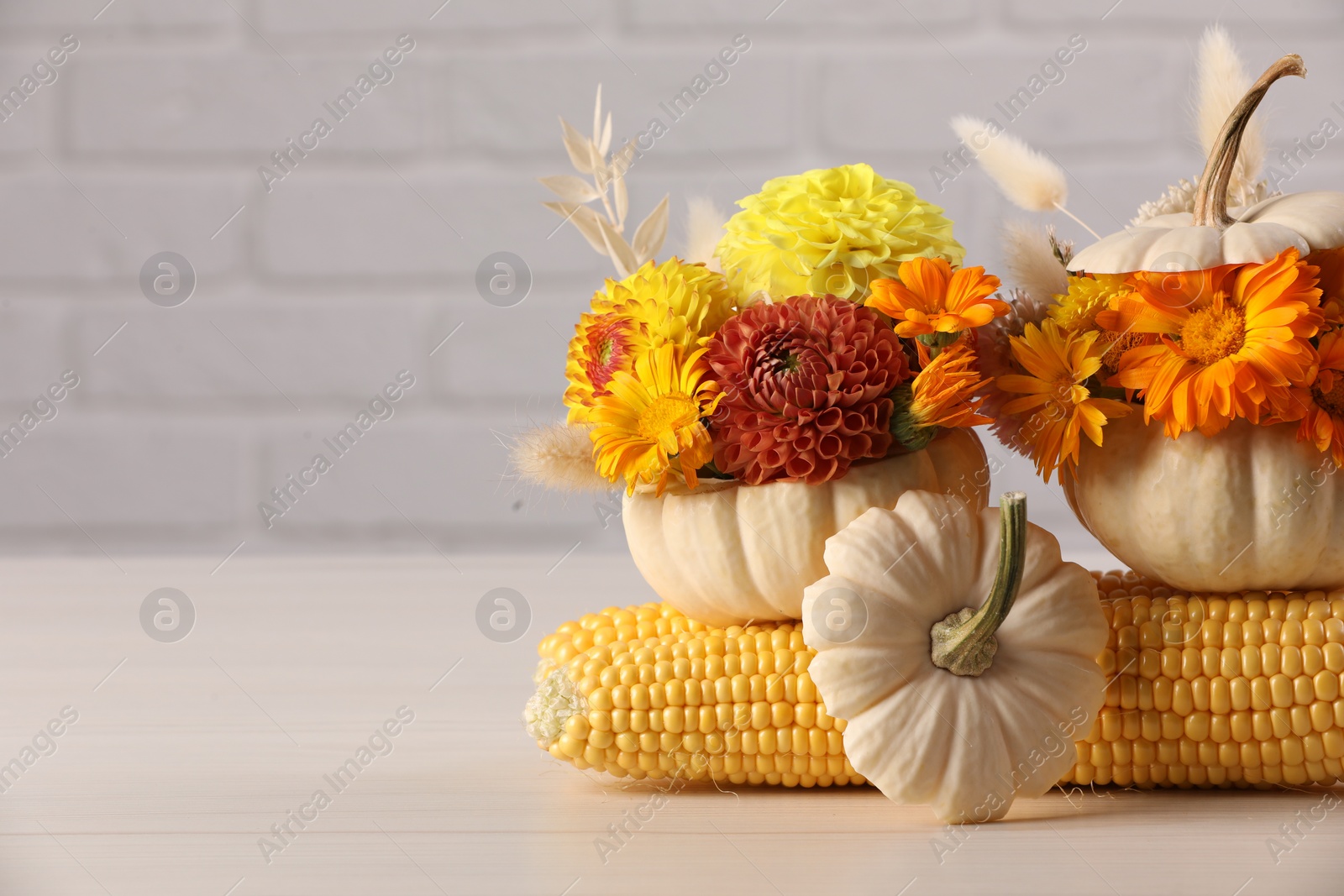 Photo of Composition of small pumpkins with beautiful flowers and corn cobs on light wooden table against white brick wall, closeup. Space for text