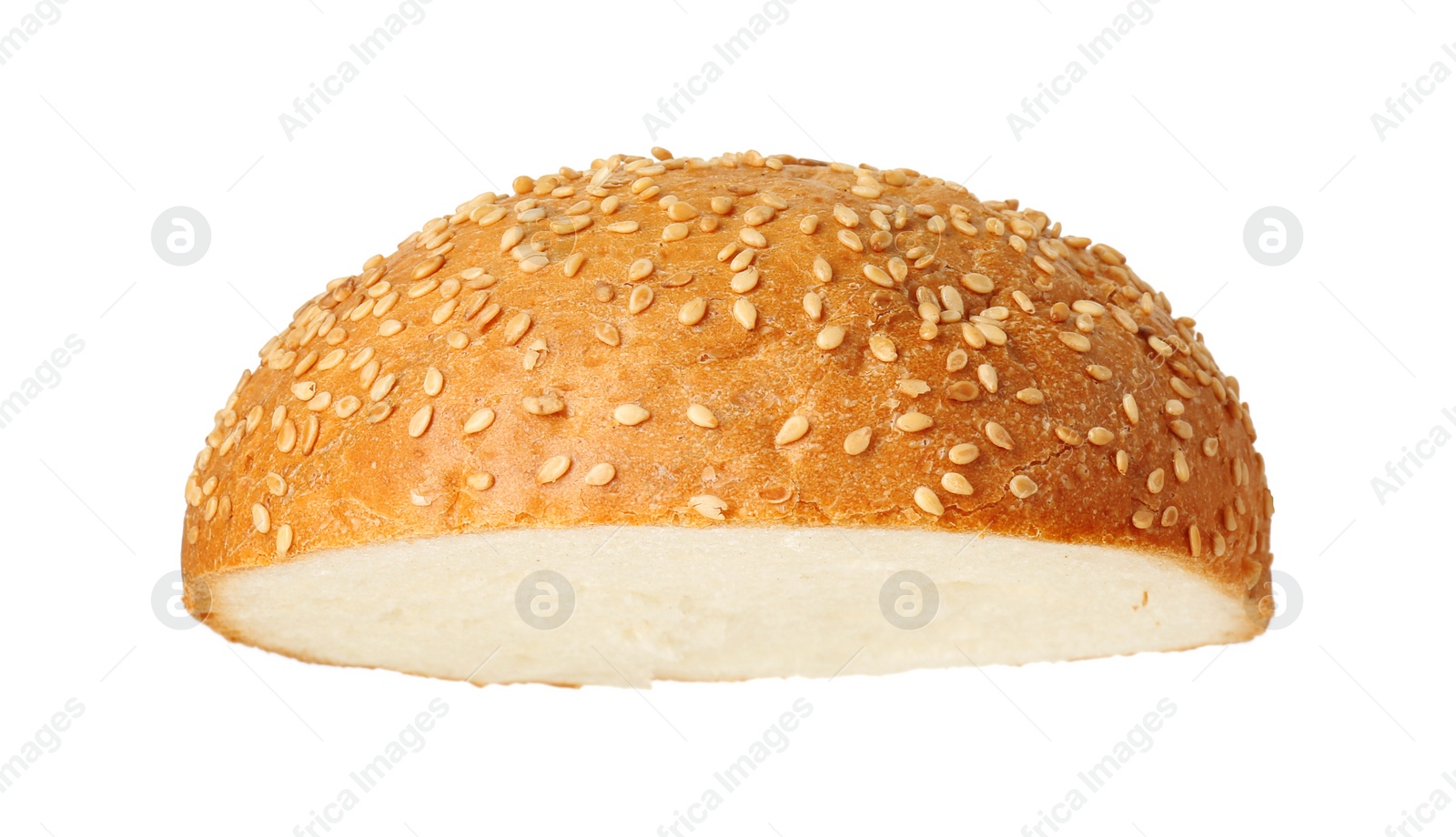 Photo of Half of fresh burger bun with sesame seeds isolated on white