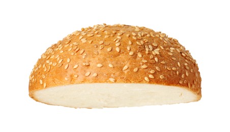 Half of fresh burger bun with sesame seeds isolated on white