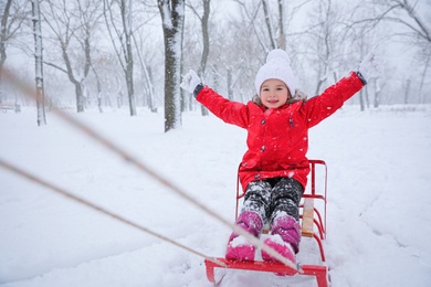 Photo of Cute little girl enjoying sleigh ride outdoors on winter day