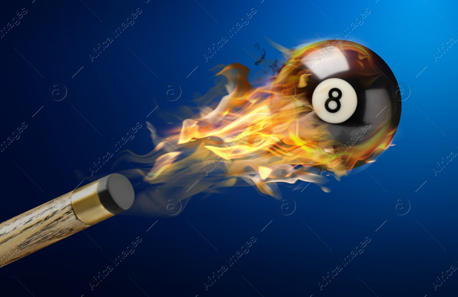 Image of Cue and billiard ball with number 8 in fire flying on color background