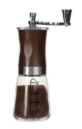 Modern manual coffee grinder with powder isolated on white