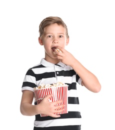 Photo of Cute boy with popcorn bucket isolated on white