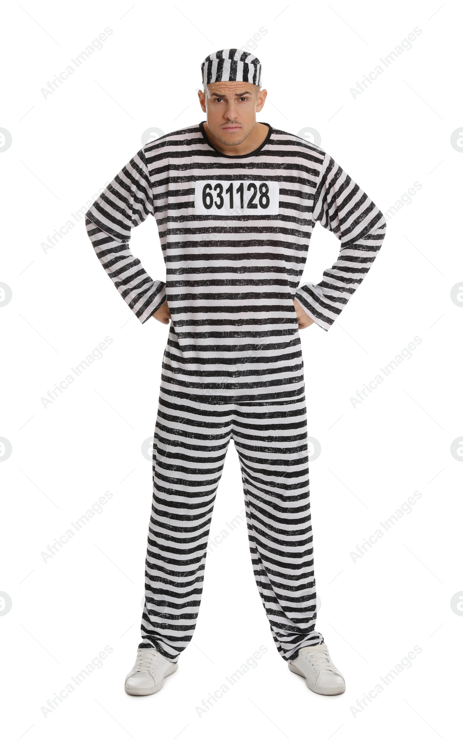 Photo of Prisoner in striped uniform on white background