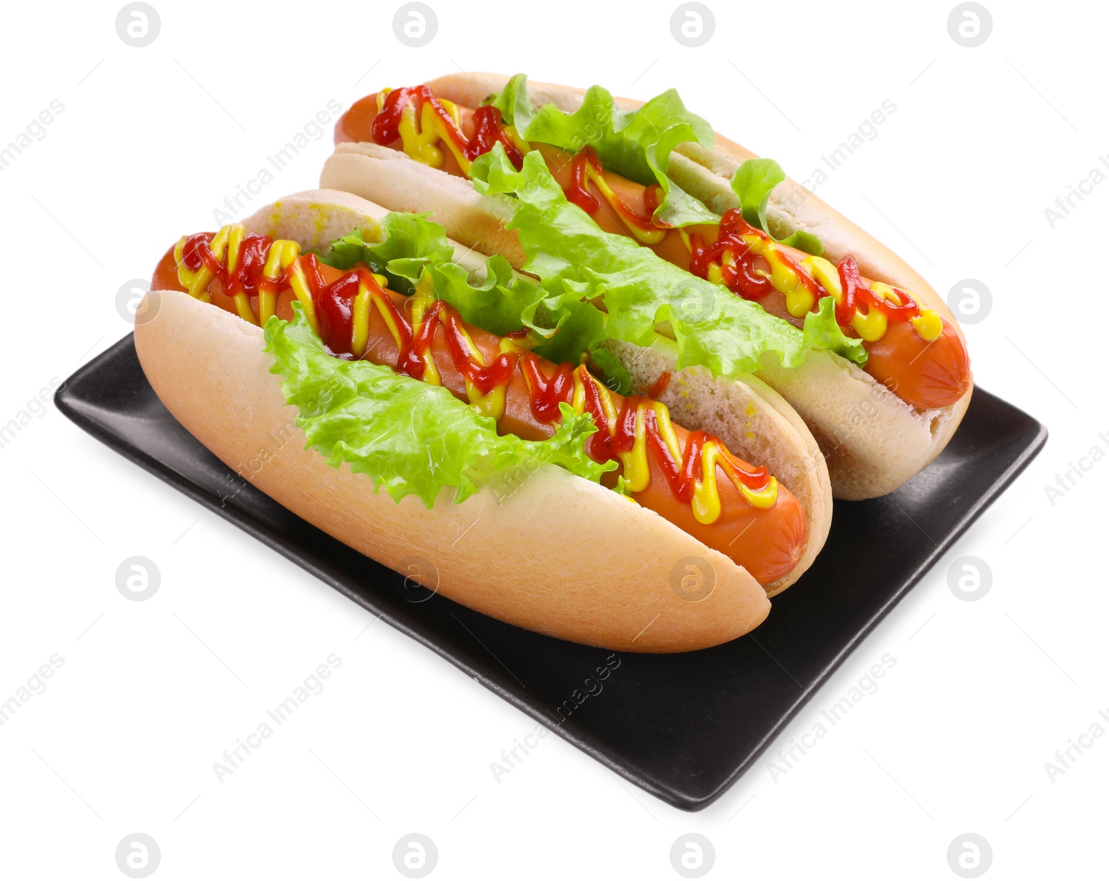 Photo of Tasty hot dogs with lettuce, ketchup and mustard isolated on white