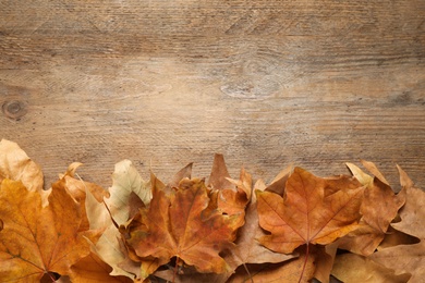 Flat lay composition with autumn leaves on wooden background. Space for text