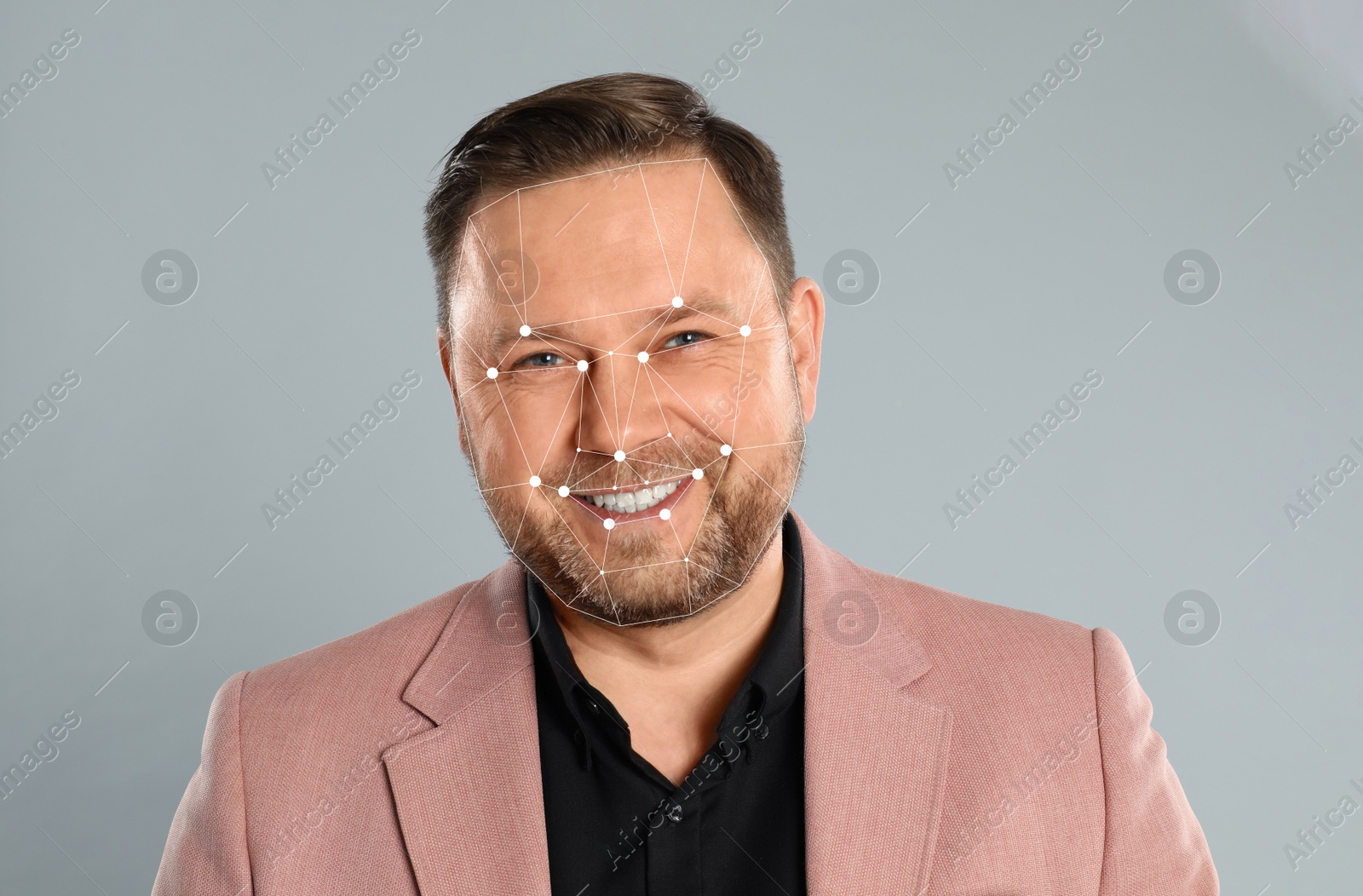 Image of Facial recognition system. Mature man with digital biometric grid on grey background