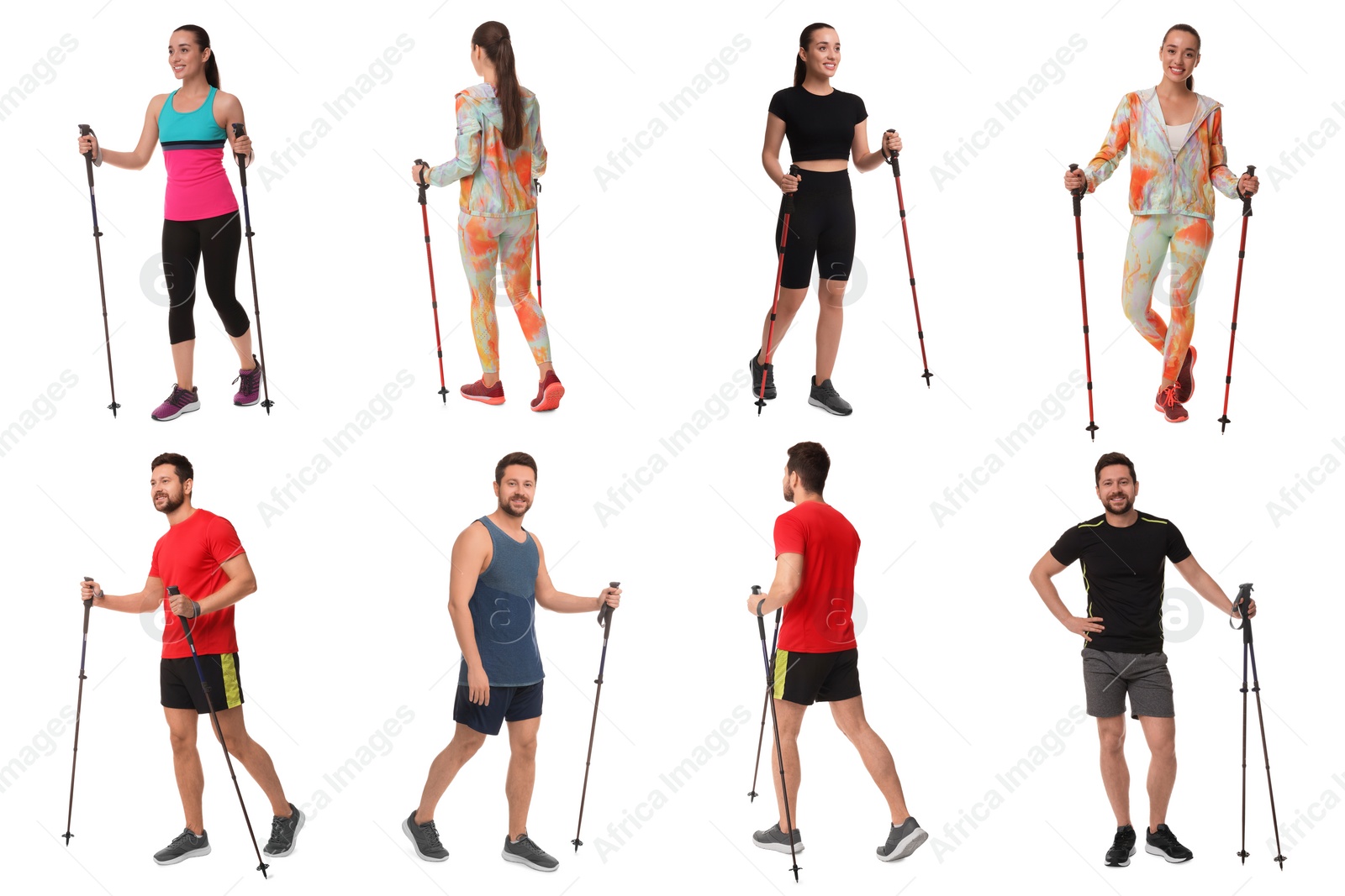 Image of Sporty man and woman with Nordic walking poles on white background, collage with photos