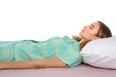 Photo of Beautiful teen girl sleeping with comfortable pillow on bed against white background